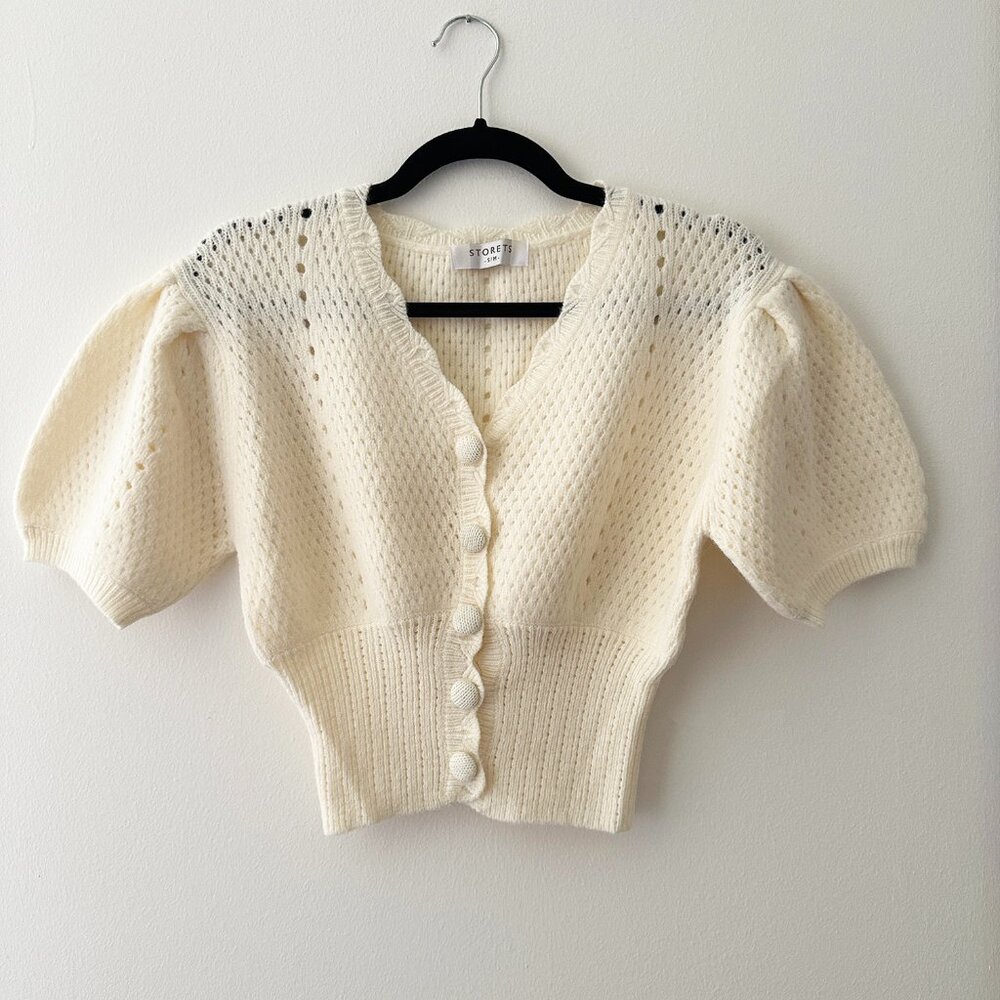 STORETS Scallop Puff Sleeves Knit Top Cardigan
